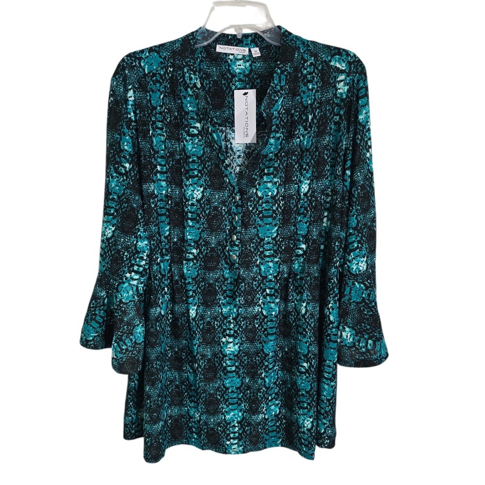 Notations Woman Plus Size 3X Teal Black Snake‎ Print Bell Sleeve Tunic Top